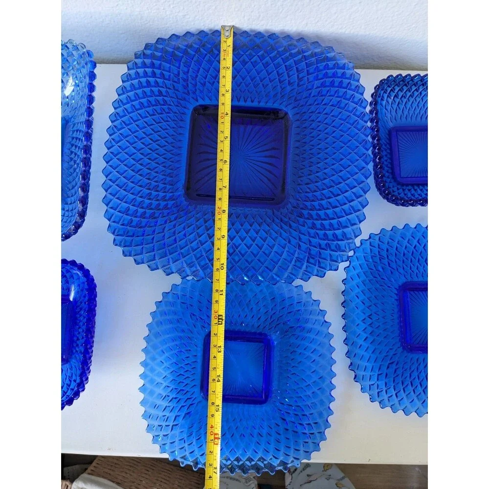 Vtg Cobalt Blue Diamond Point Hobnail Sawtooth Scallop Glass Bowl Platter Plate